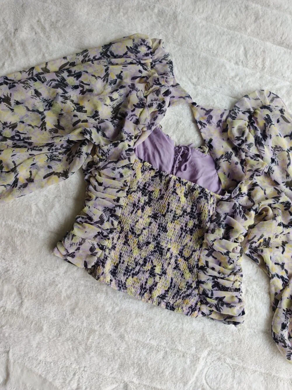 Free People Floral Ruched Blouse Top Puff Sleeve Tie Front Cottagecore Boho M - Picture 16 of 16